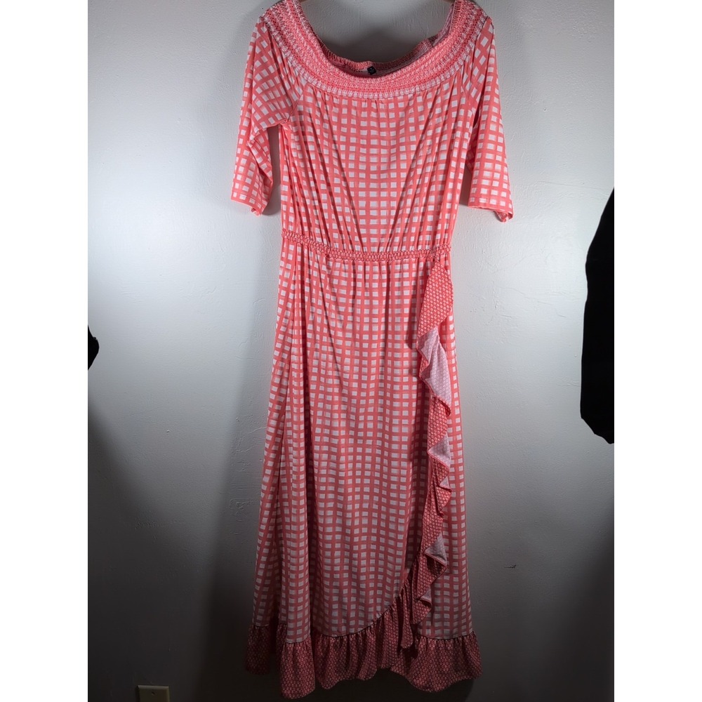Cabana Life 3/4 Sleeve Orange checked Long Dress, Women's Size Medium